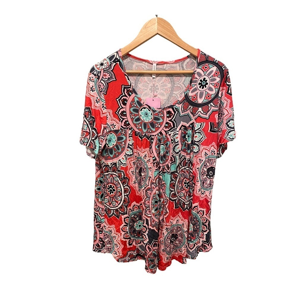 Cathy Short Sleeve Pleated Blouse Loose Flowy Tunic Top NWT Size 3XL